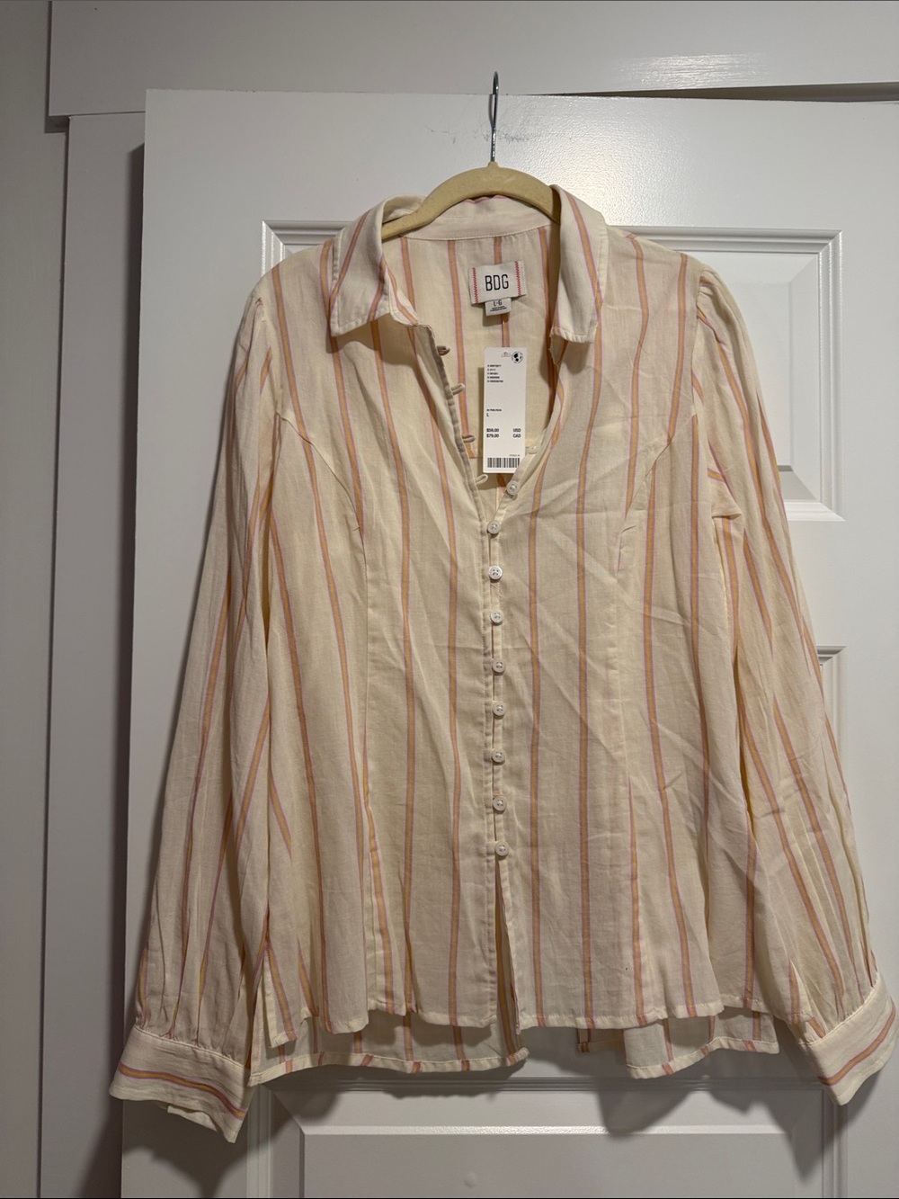 BDG Cream Button-Down Shirt with Peach Stripes